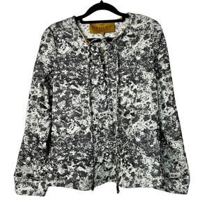 Hanley Mellon Blouse Lace Up Abstract Floral Long Sleeve Black White 4 S